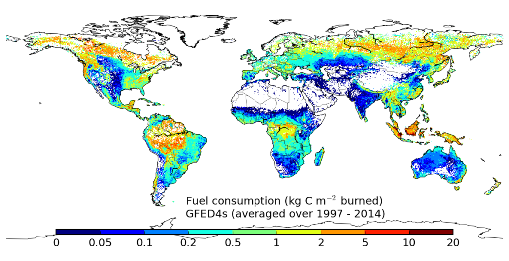 Global map of GFED4s fuel consumption (averaged over 1997-2014)