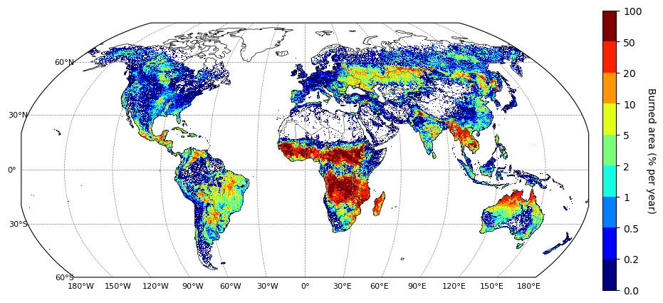 Fraction of each grid cell that burned annually
